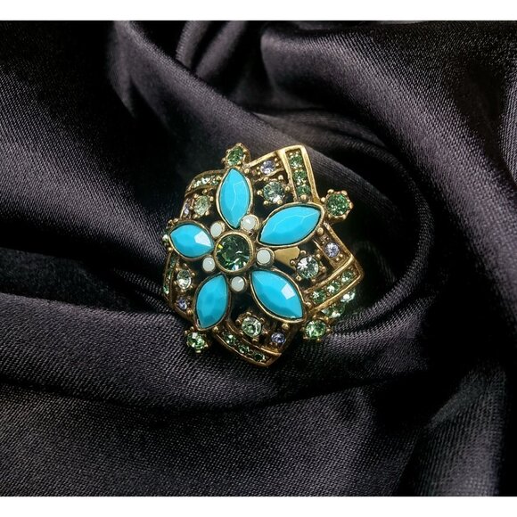 Heidi Daus Gold-Tone Statement Ring Blue & Green Crystal Floral Design - Picture 1 of 5